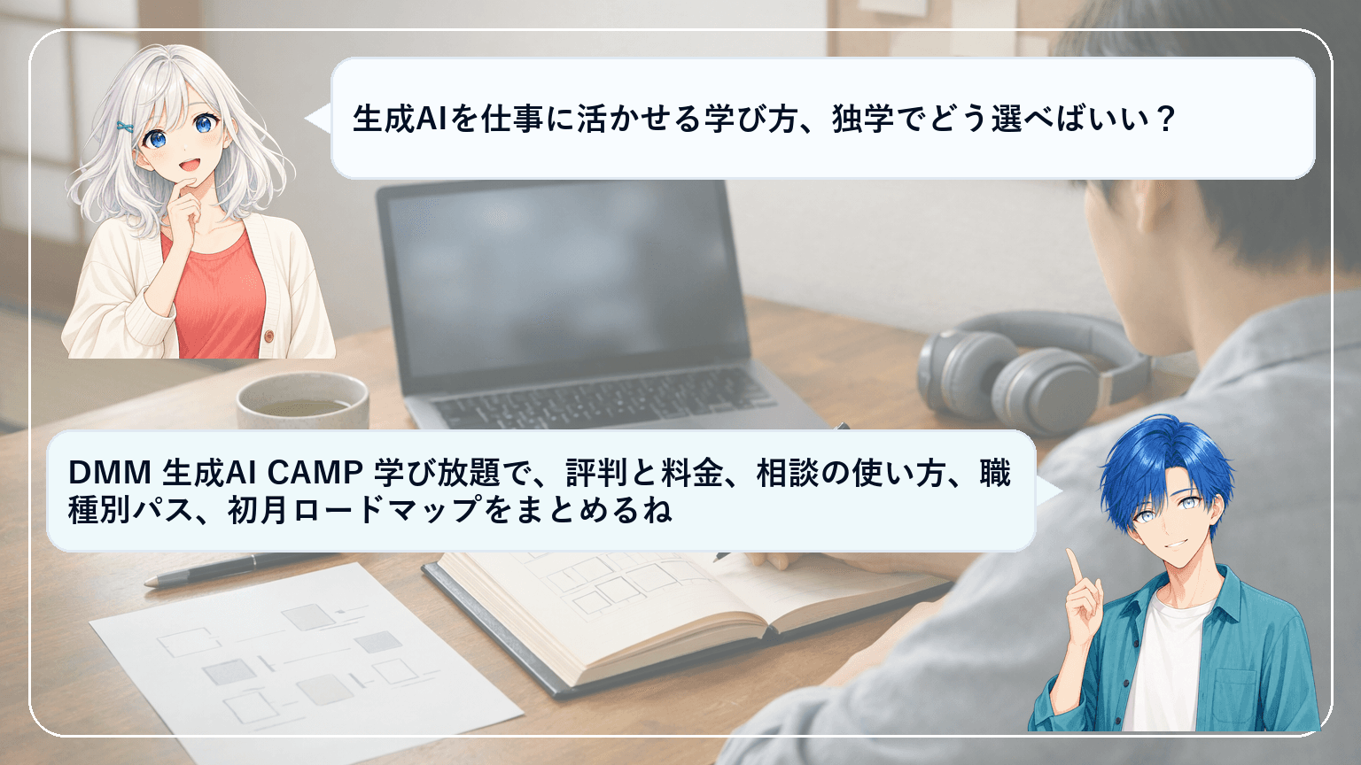 DMM 生成AI CAMP 学び放題の評判は?続かない独学から脱出する初月ロードマップと職種別パスで即決ガイド【PR】のアイキャッチ画像